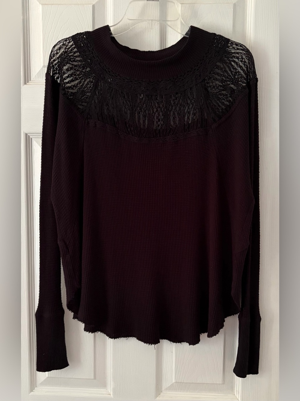 Free People Black Lace Yoke Long Sleeve Scoop Sweater
